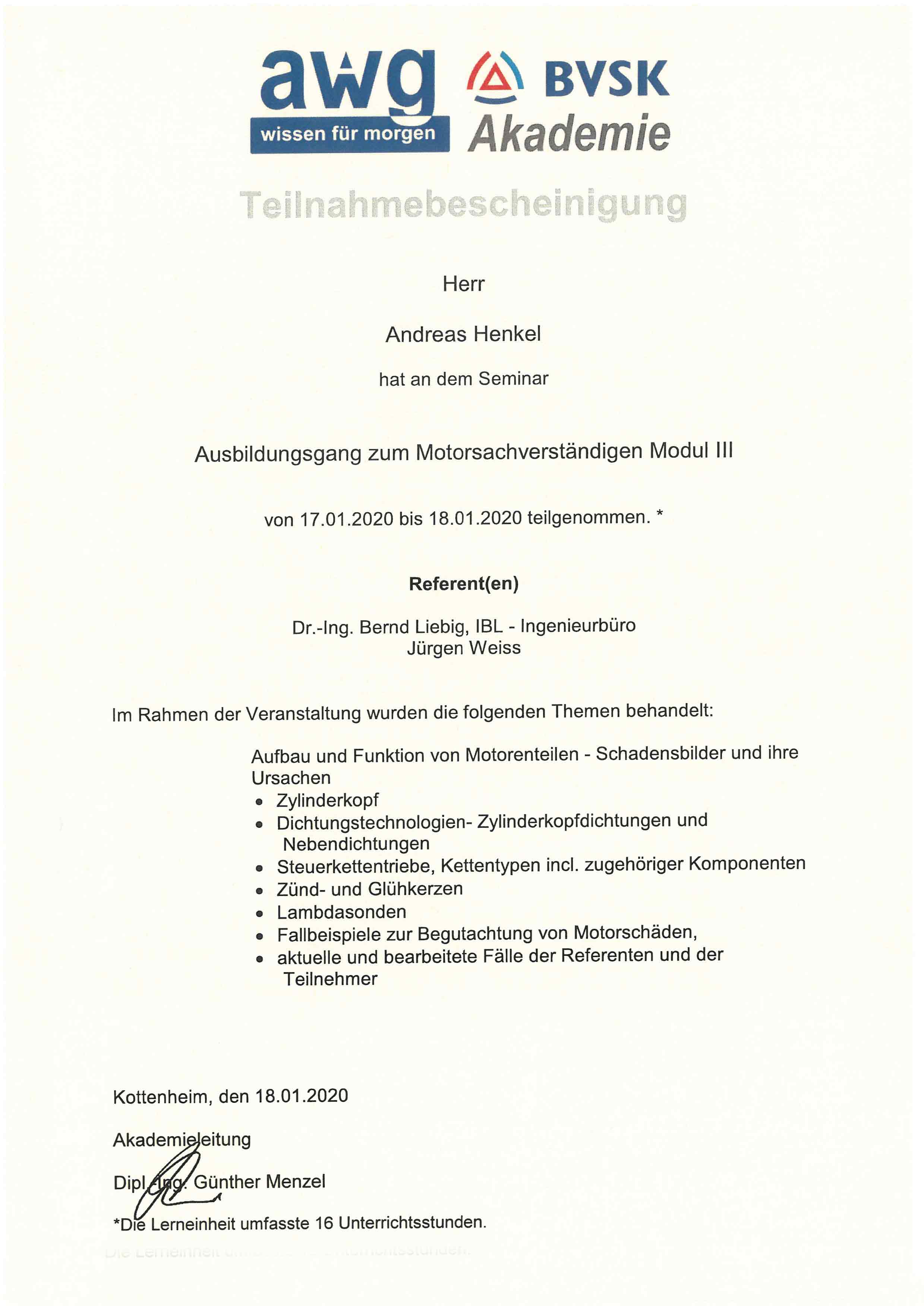 BVSK/AWG Akademi: Sachverständiger für Motorschäden