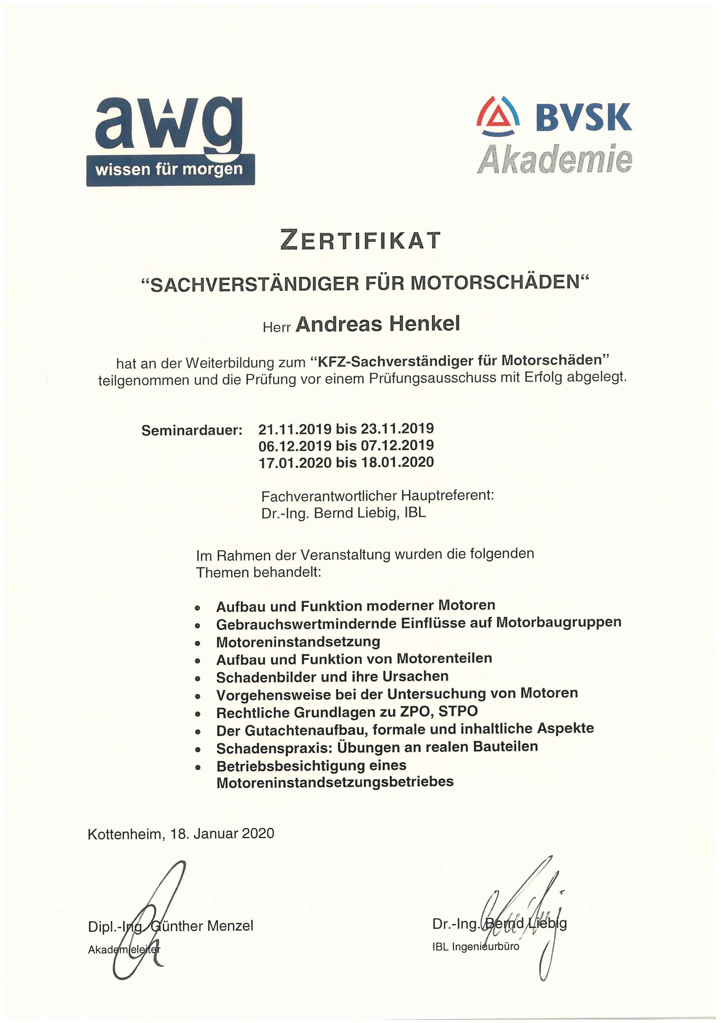 BVSK/AWG Akademi: Sachverständiger für Motorschäden