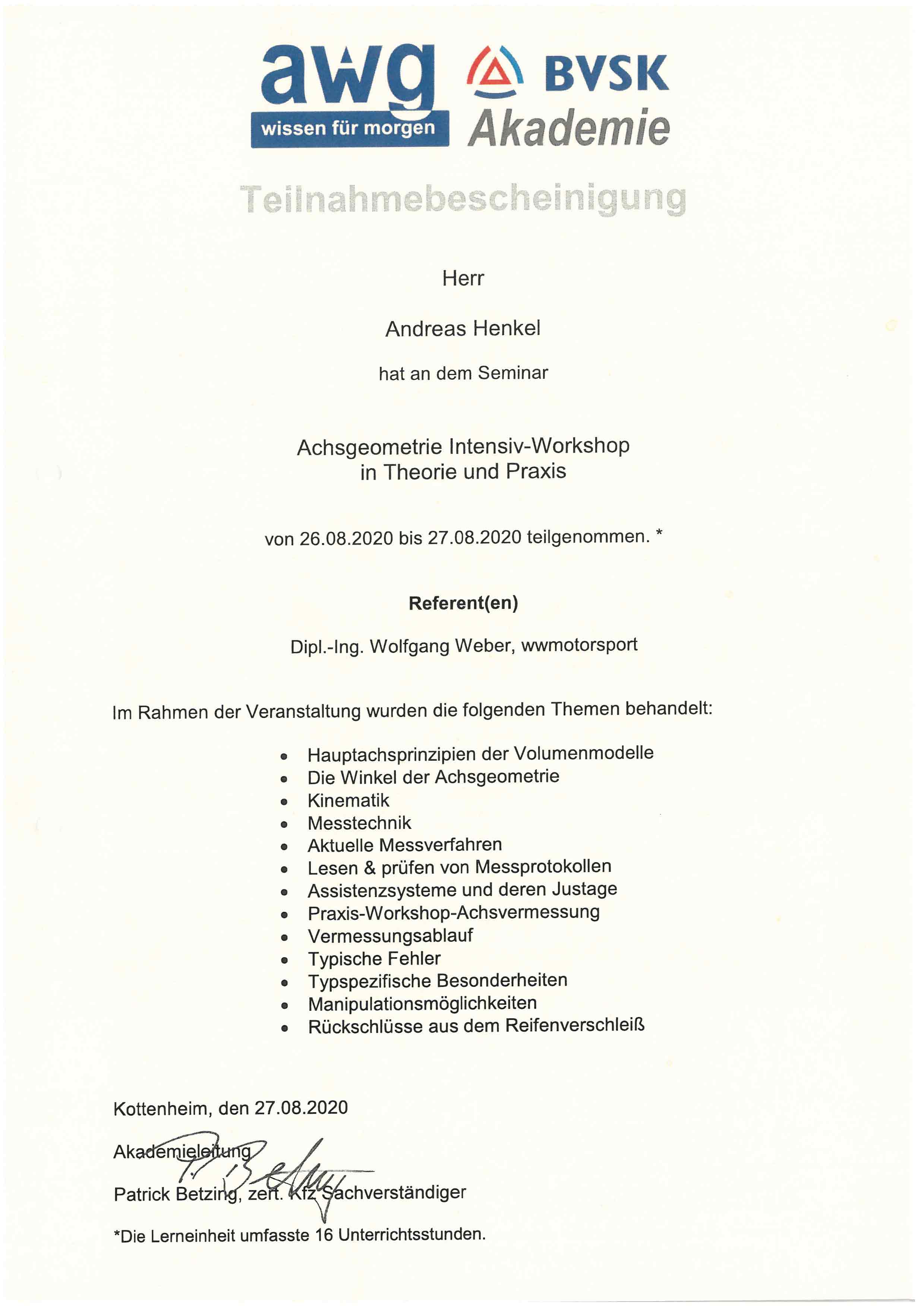 AWG/BVSK: Achsgeometrie Intensiv Workshop 